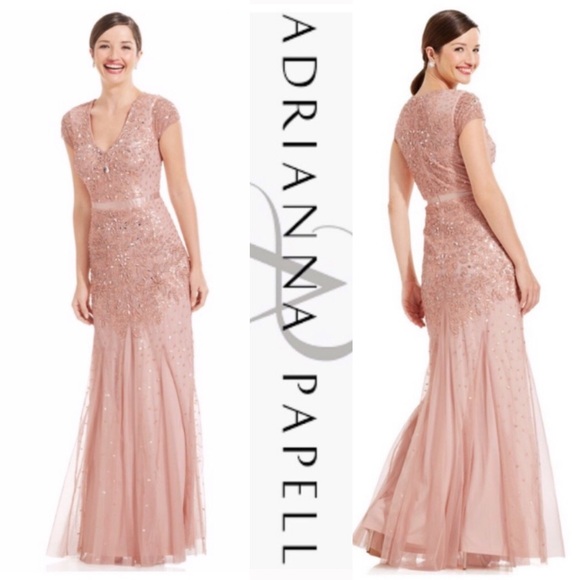 Adrianna Papell beaded cap sleeves V-neck waistband long Dress - Picture 2 of 9